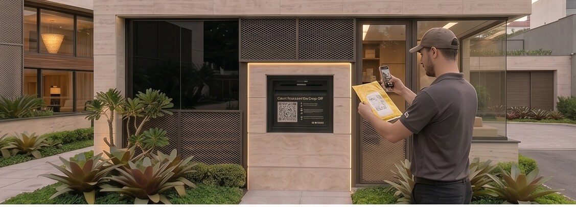 Entregador fotografando a encomenda antes de depositar