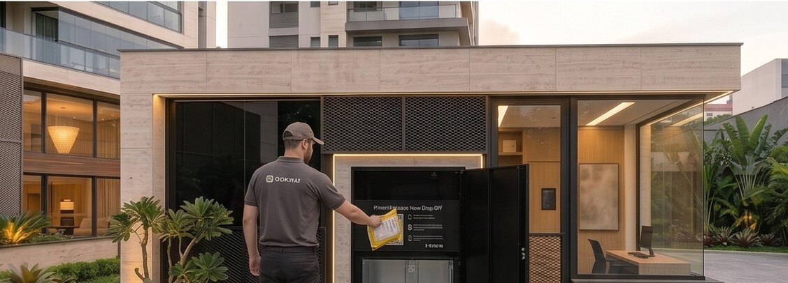 Entregador depositando a encomenda na caixa de passagem